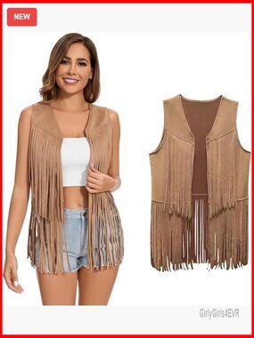 Faux Suede Fringe Vest Hippie Western Sleeveless Jacket 3X-Large